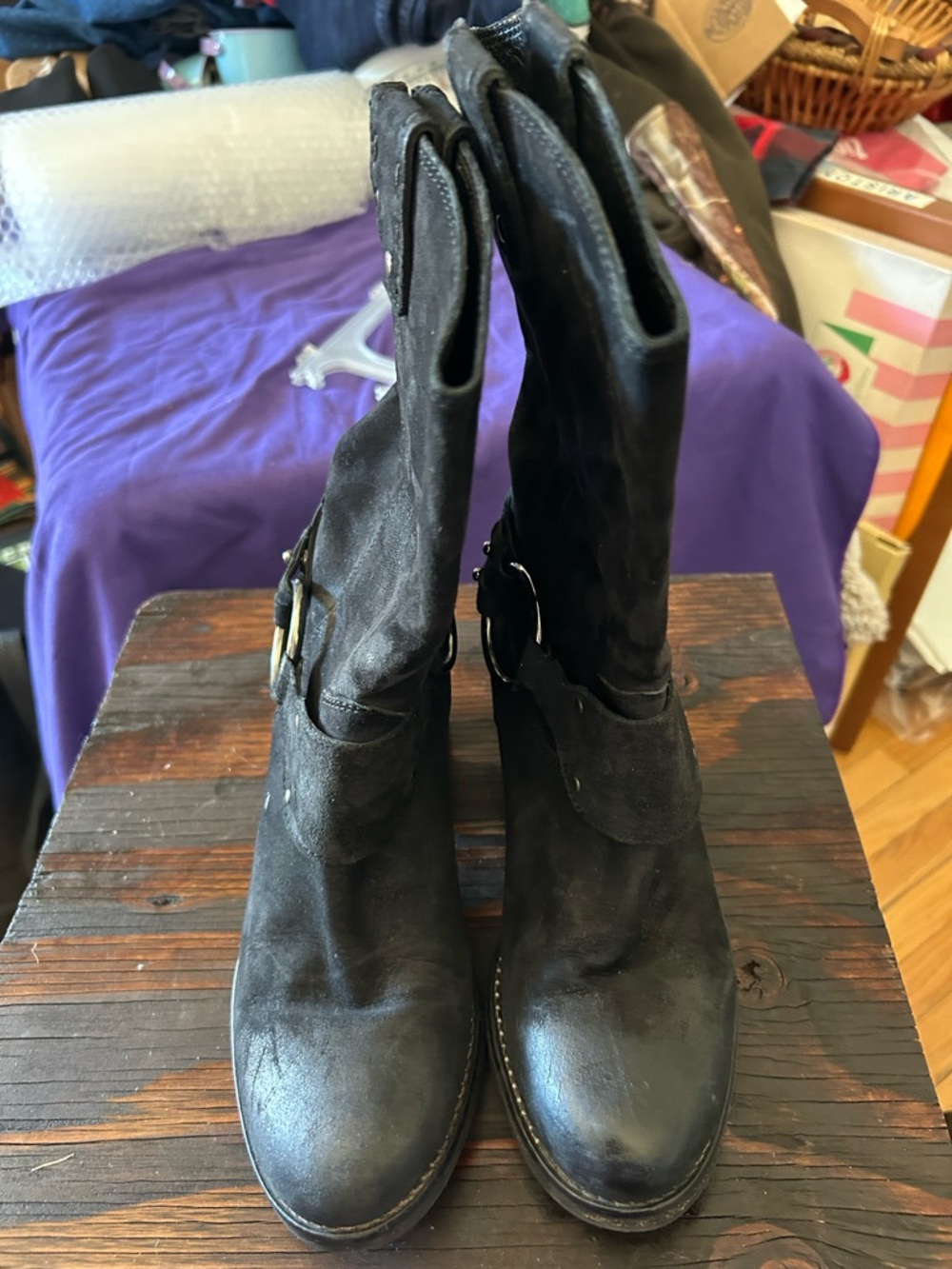 Johnston & Murphy Black Mid-Calf Buckle Moto Boots